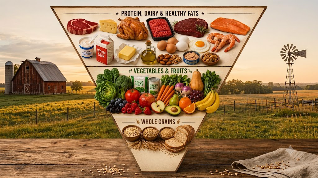 Field to Table American food pyramid. Top tier: proteins, dairy, and healthy fats. Middle tier: vegetables and fruits. Bottom tier: whole grains.
